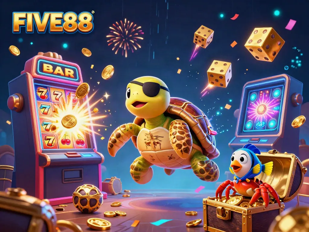 Experience the thrill of FIVE88 with vibrant casino characters and a jackpot explosion in an exciting 3D scene.