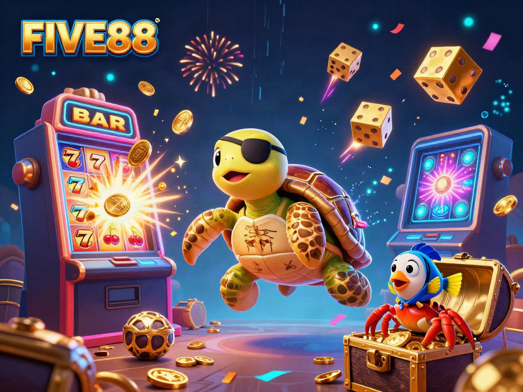 Experience the thrill of FIVE88 with vibrant casino characters and a jackpot explosion in an exciting 3D scene.