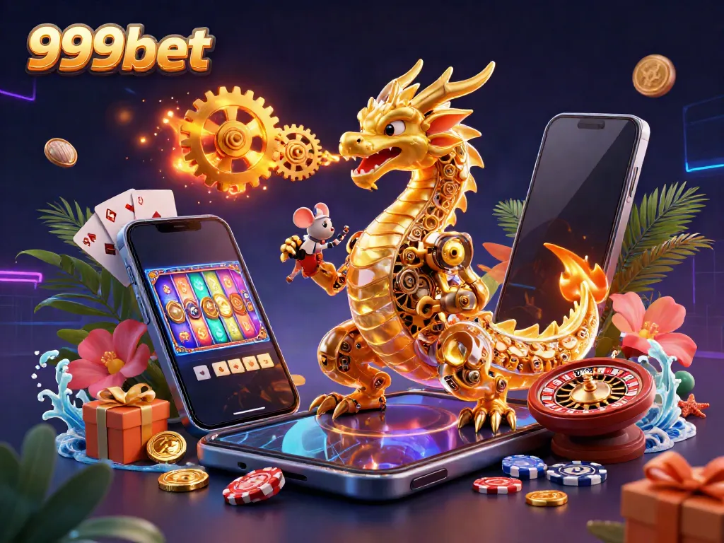Engage with 999bet's exciting world of online gambling featuring dynamic gaming elements and a whimsical dragon.
