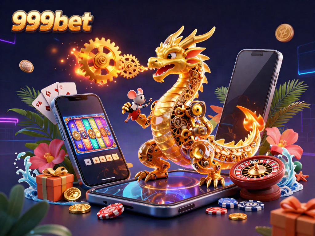 Engage with 999bet's exciting world of online gambling featuring dynamic gaming elements and a whimsical dragon.
