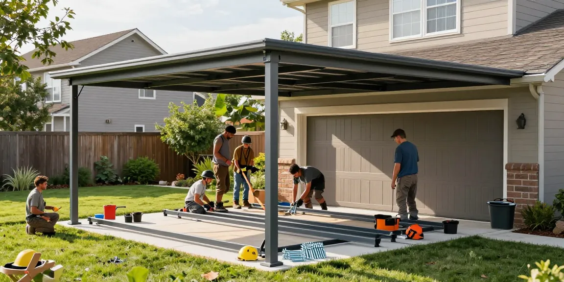 Carport-Installation im Garten mit Handwerkern und Werkzeugen im Einsatz
