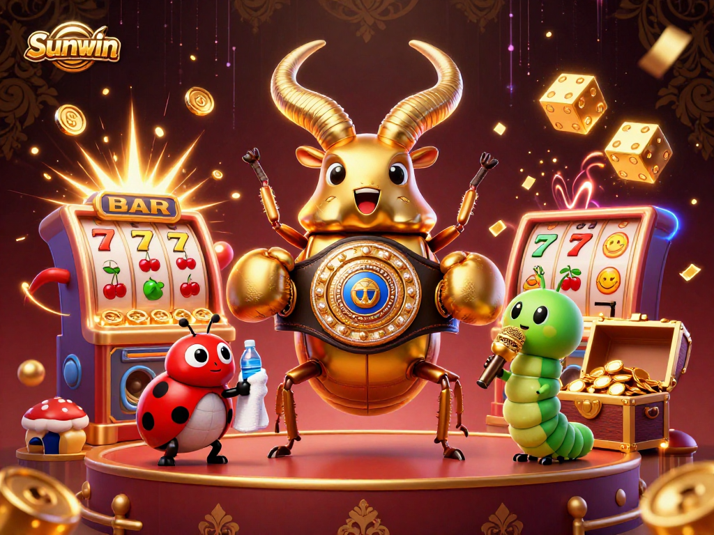 Sunwin showcases an epic 3D cartoon scene featuring a giant beetle boxing champion amidst exciting casino elements.