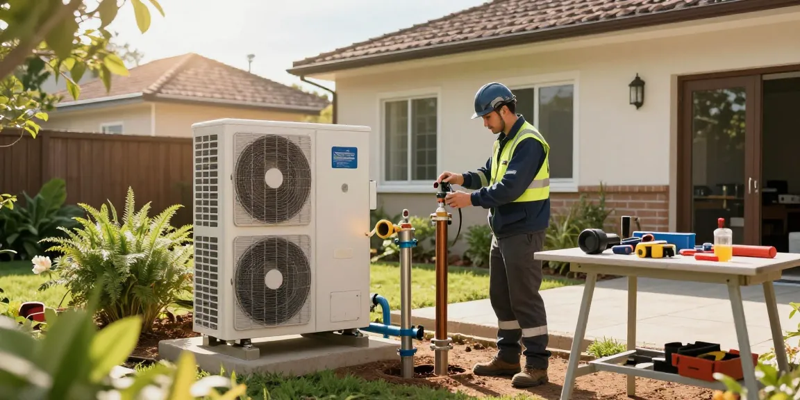 Geothermie Installation im Garten: Techniker prüft umweltfreundliche Heizpumpen