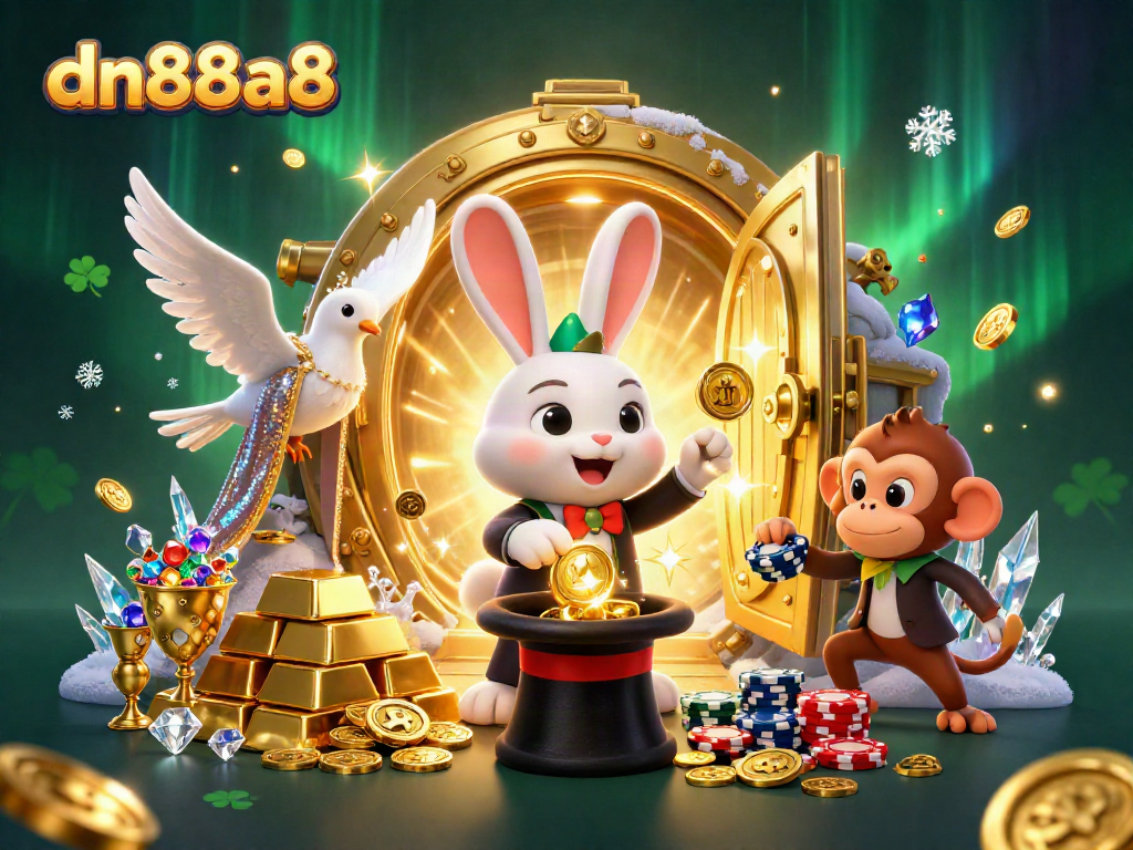 Join the excitement of dn88a8 as a magician rabbit pulls coins from a top hat amidst casino treasures.