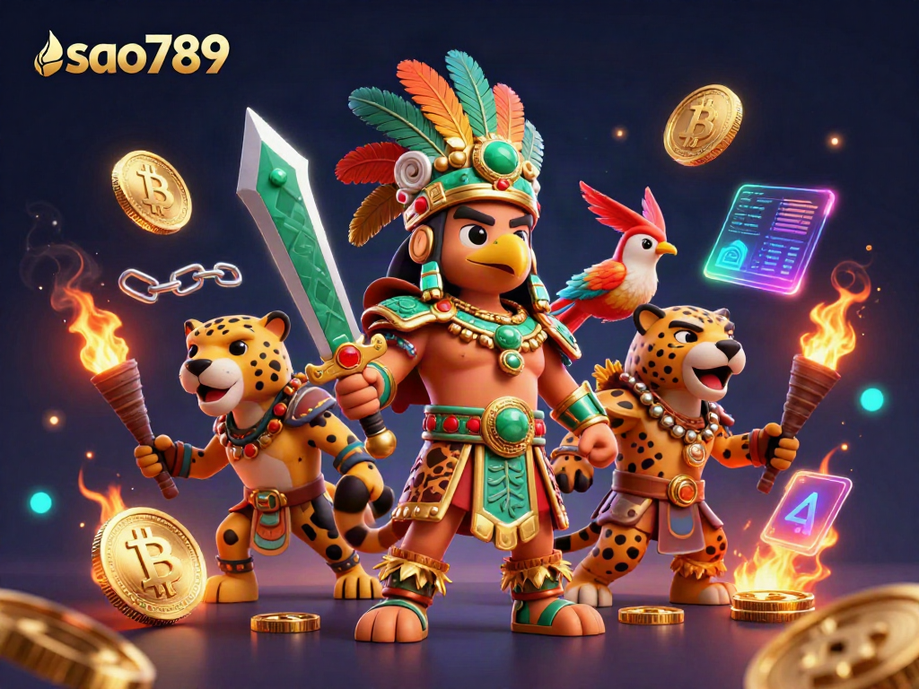 Experience the thrill of sao789 with Aztec warriors amidst glowing cryptocurrency elements, showcasing exciting casino themes.