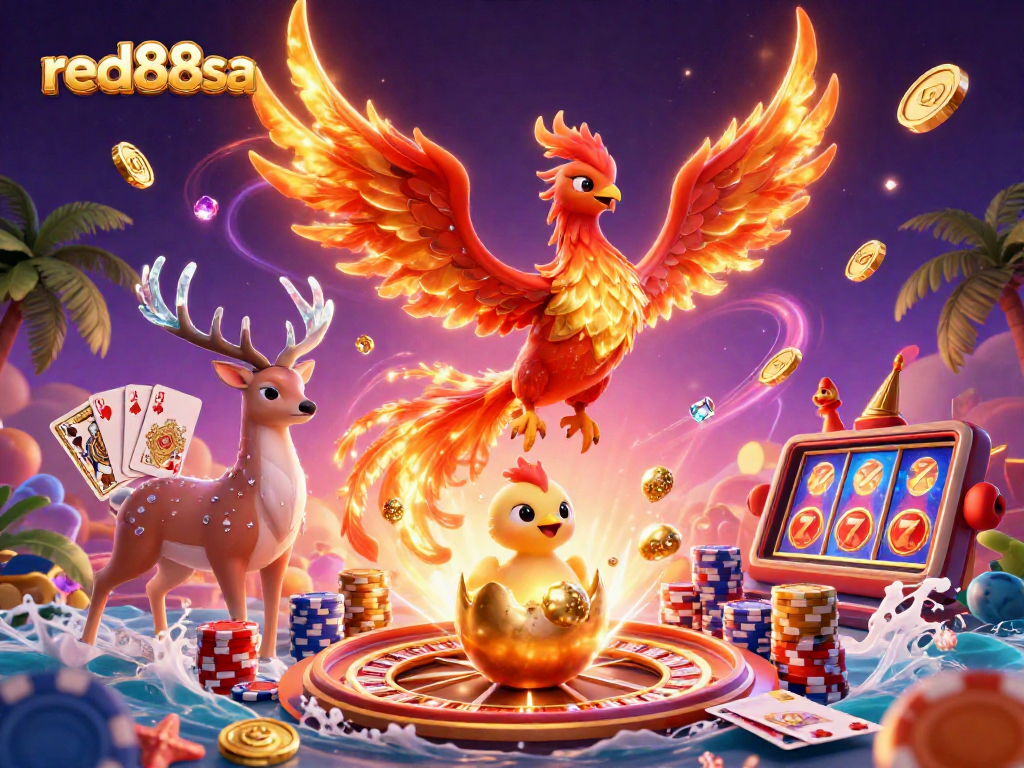 Experience the magic of red88sa with a vibrant casino scene featuring a phoenix, gemstones, and golden coins.