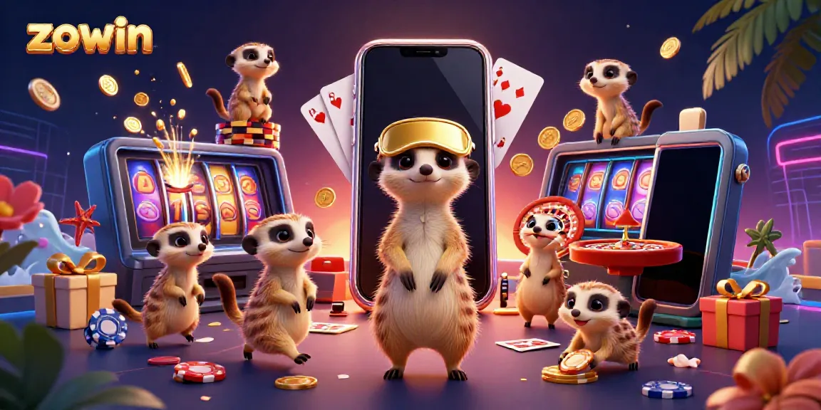 Zowin's engaging gaming scene featuring lively meerkats at a vibrant casino operation.