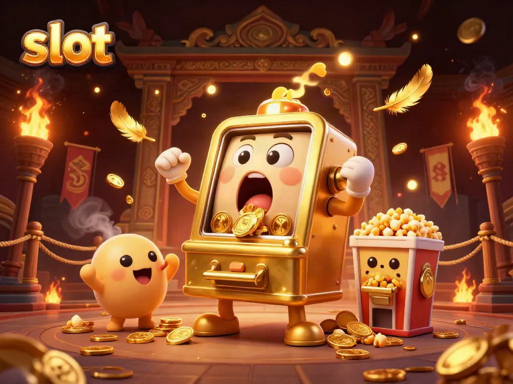 Slot machine winning a jackpot with coins pouring out, dynamic 3D illustration celebrating gaming.