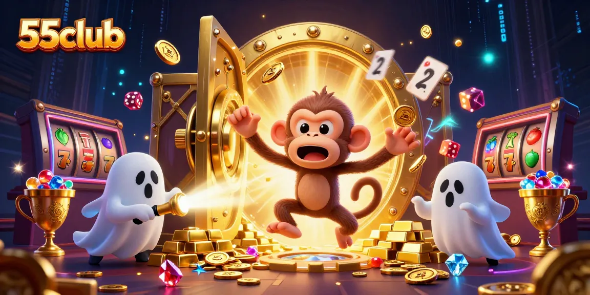 Experience thrilling 55club gameplay with a poltergeist monkey juggling gold in a haunted casino.
