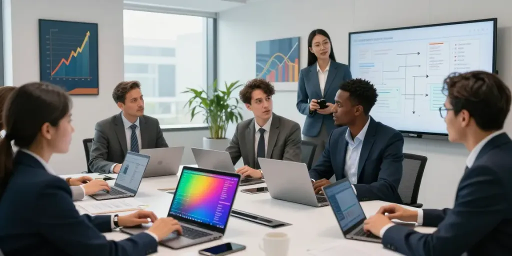Equipo profesional en una oficina moderna de BBVA es discutiendo sobre productos financieros innovadores.