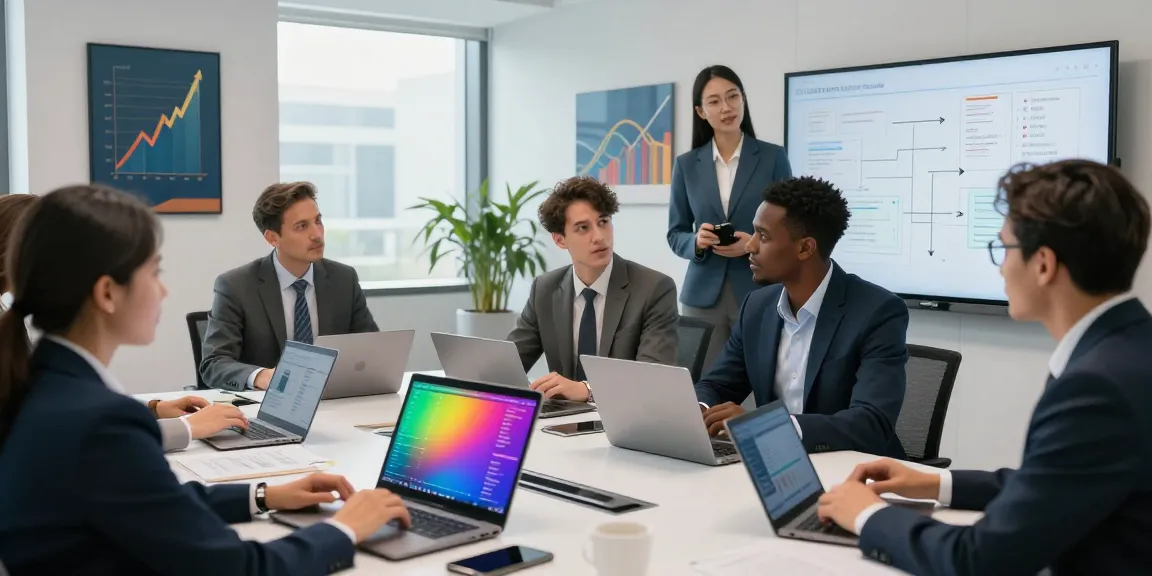 Equipo profesional en una oficina moderna de BBVA es discutiendo sobre productos financieros innovadores.