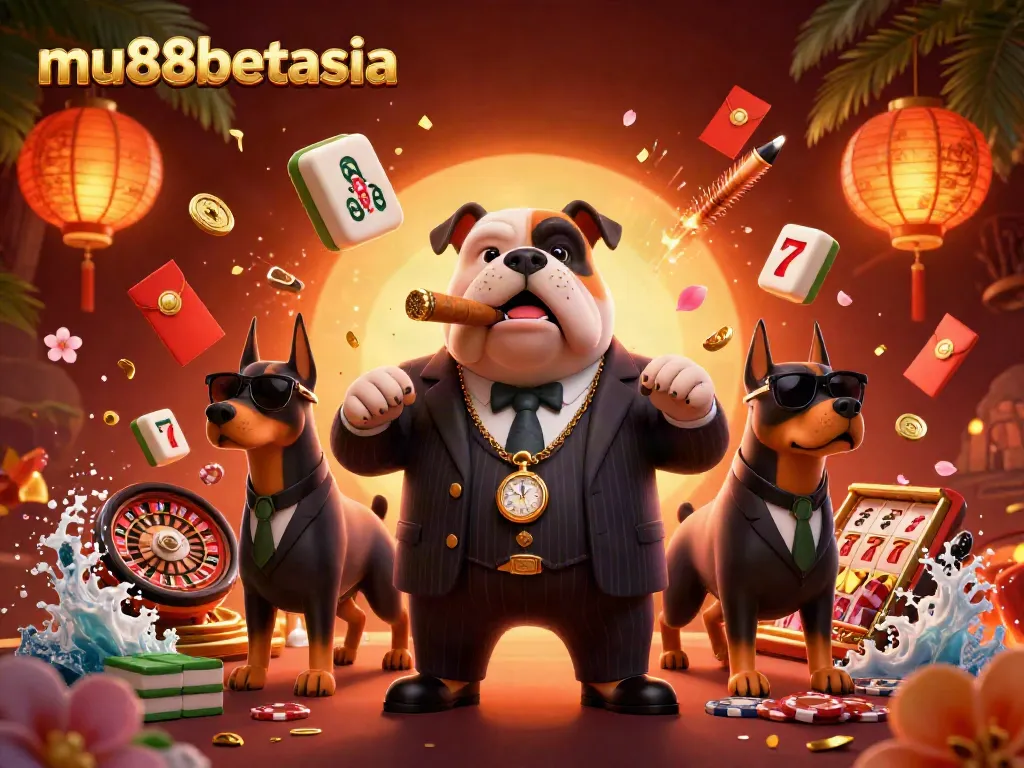 Experience the excitement with mu88betasia's dynamic casino scene featuring a badass bulldog and thrilling game elements.
