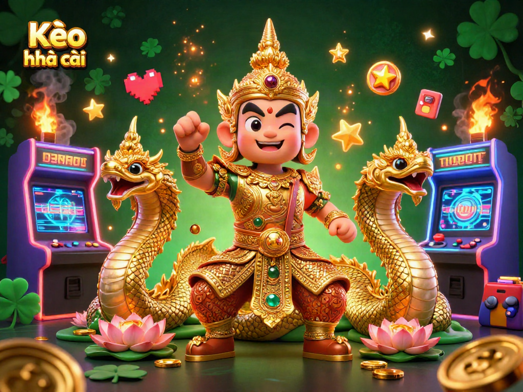 Kèo nhà cái showcases a vibrant 3D casino-themed illustration with colorful game elements