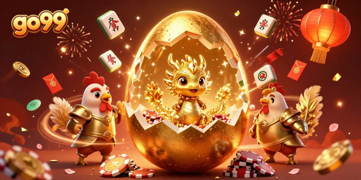 Experience dynamic gaming with go99 as a golden dragon emerges from a poker chip nest amid festive elements.