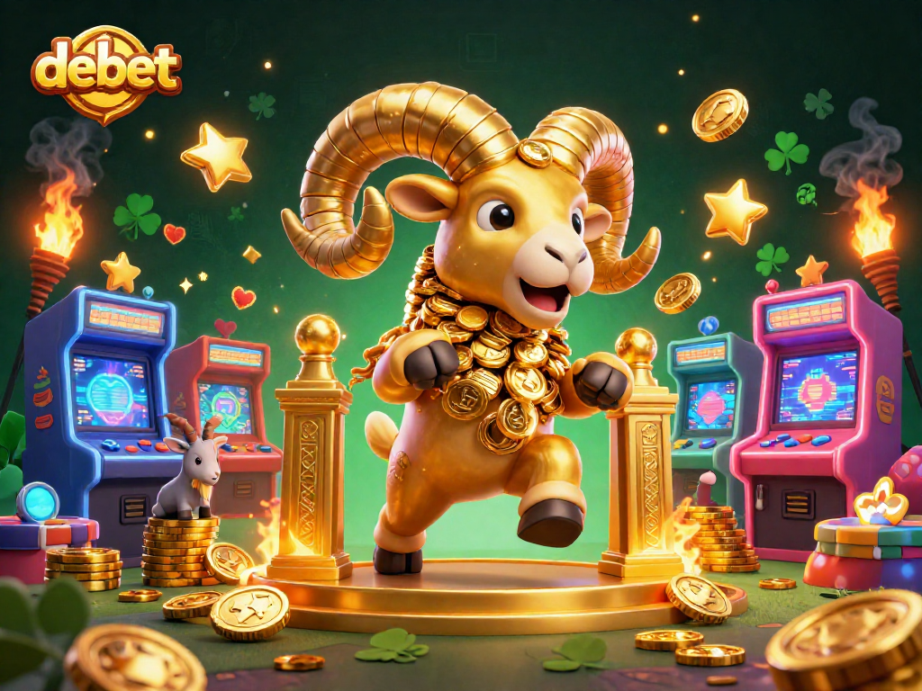 Explore debet's thrilling gaming experience with a golden ram charging through a vibrant casino scene.