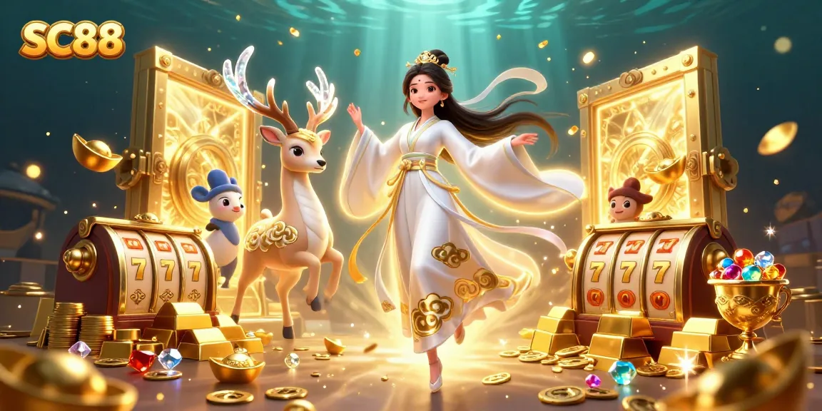 SC88 captivates gamblers with a vibrant 3D illustration of slot games and dazzling treasures.