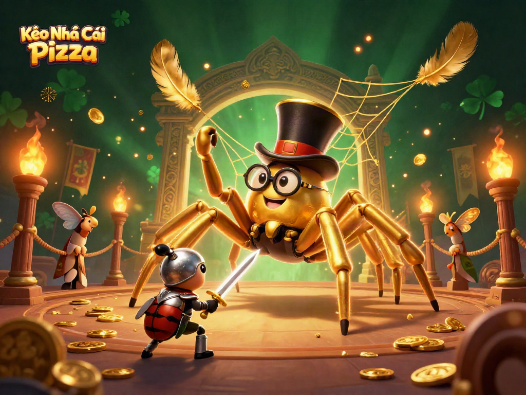 Kèo Nhà Cái Pizza showcases a dynamic casino scene with a golden tarantula and beetle knight.