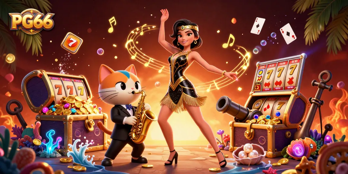 Engage with thrilling PG66 slot adventures featuring stunning characters amidst vibrant treasures and confetti.