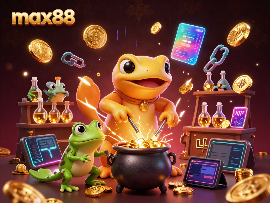 Experience the excitement of winning at max88 casino with a vibrant 3D scene of alchemy and fortune.