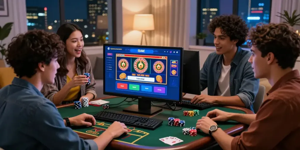 Vibrante Online-Casino-Szene mit Freunden, die sich mit dem Guide itsme für Online-Casinos auf einem Computer vergnügen.