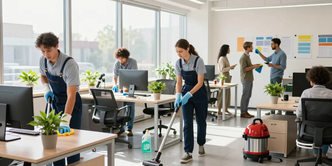 Professionelle Gebäudereinigung Düsseldorf mit geschulten Reinigungskräften in einem modernen Büro.