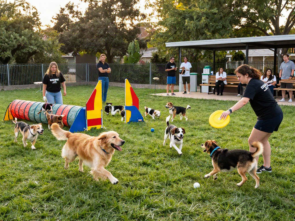 Energetic dog daycare scene with playful dogs learning depo 10k training techniques