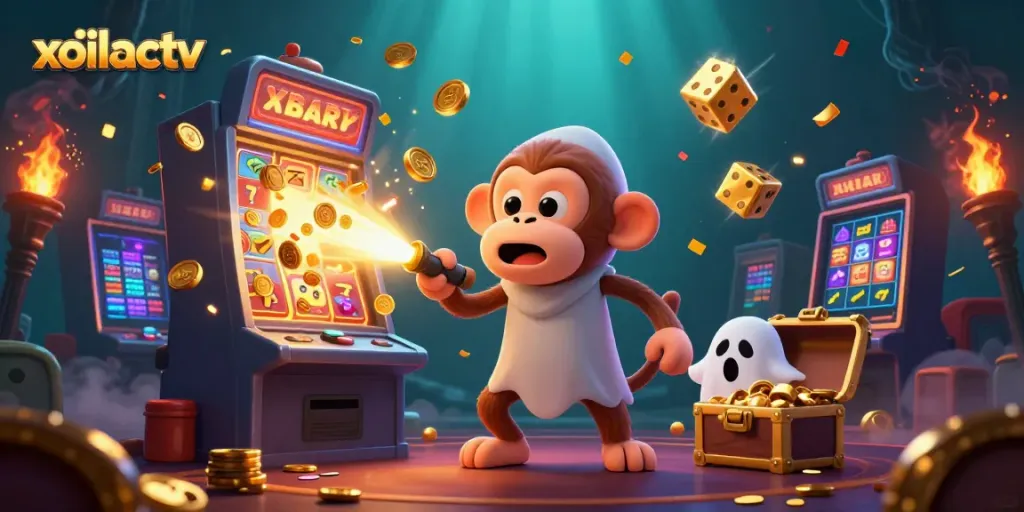 Engage with the exciting world of gambling at xoilactv, featuring a playful poltergeist monkey with golden casino treasures.