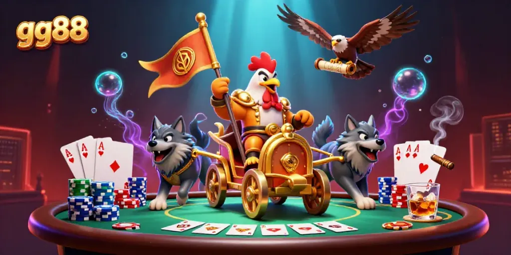 Engage in thrilling gambling action with gg88, featuring a cartoon rooster warlord, poker elements, and vibrant dynamic scenery.