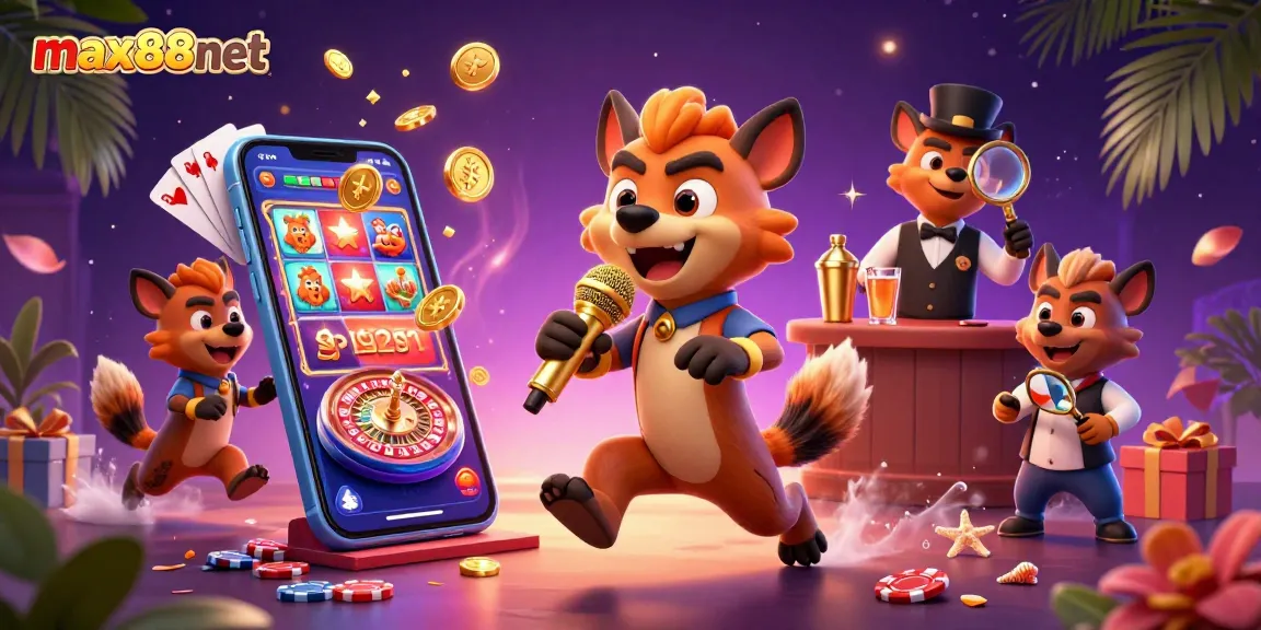 Experience max88net's comedy casino club with hyena entertainers mixing drinks and telling jokes.