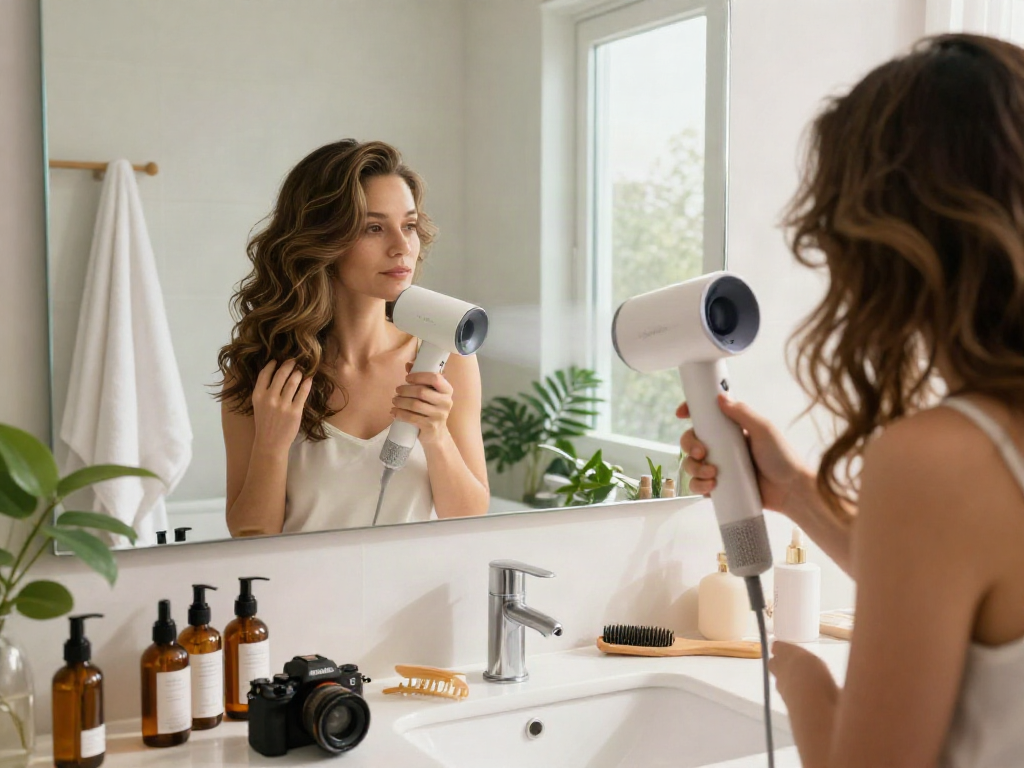 Laifen Haartrockner in Anwendung für voluminöse Haare im modernen Badezimmer.