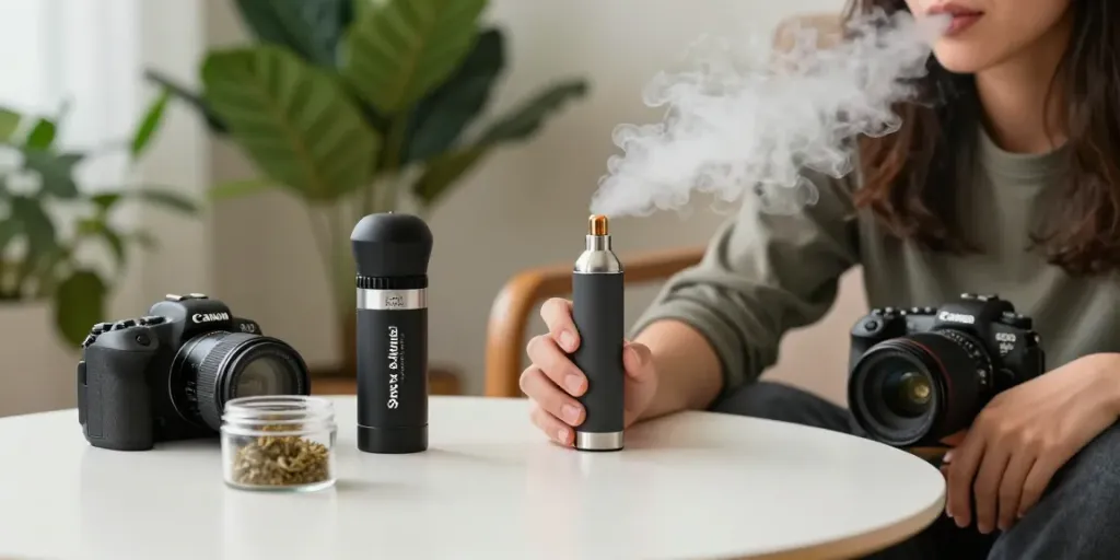 Enjoying the Crafty Plus vaporizer with fresh herbs in a cozy setting.