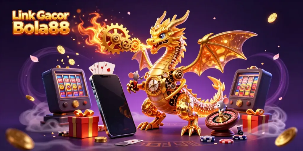 Experience winning sparks with Link Gacor Bola88 amidst colorful slot games and dynamic scene elements.