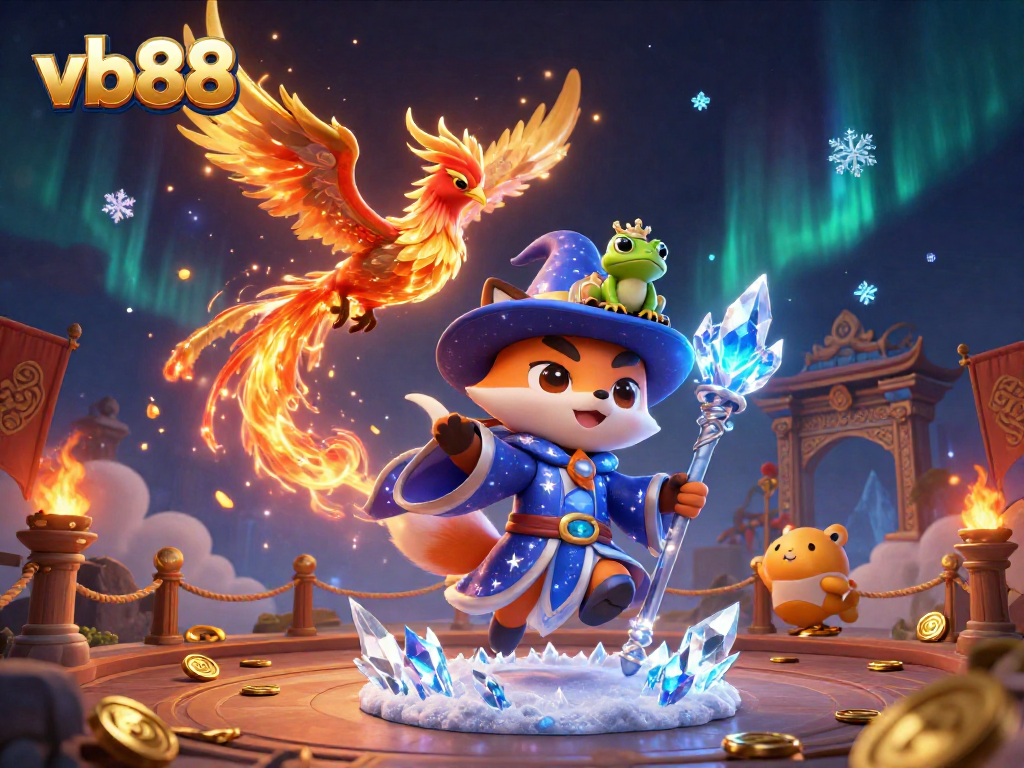 The vb88 platform brings alive a mystical scene with a wizard fox, phoenix, and enchanted frog amidst gambling elements.