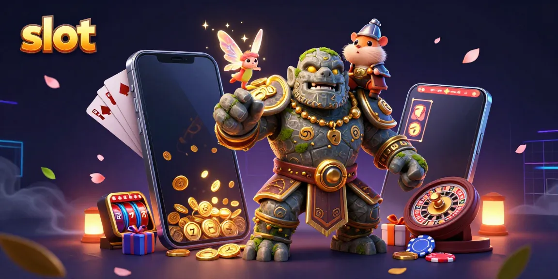 Engage with an exciting slot adventure featuring a golem, fairy, and hamster knight in a vibrant casino scene.