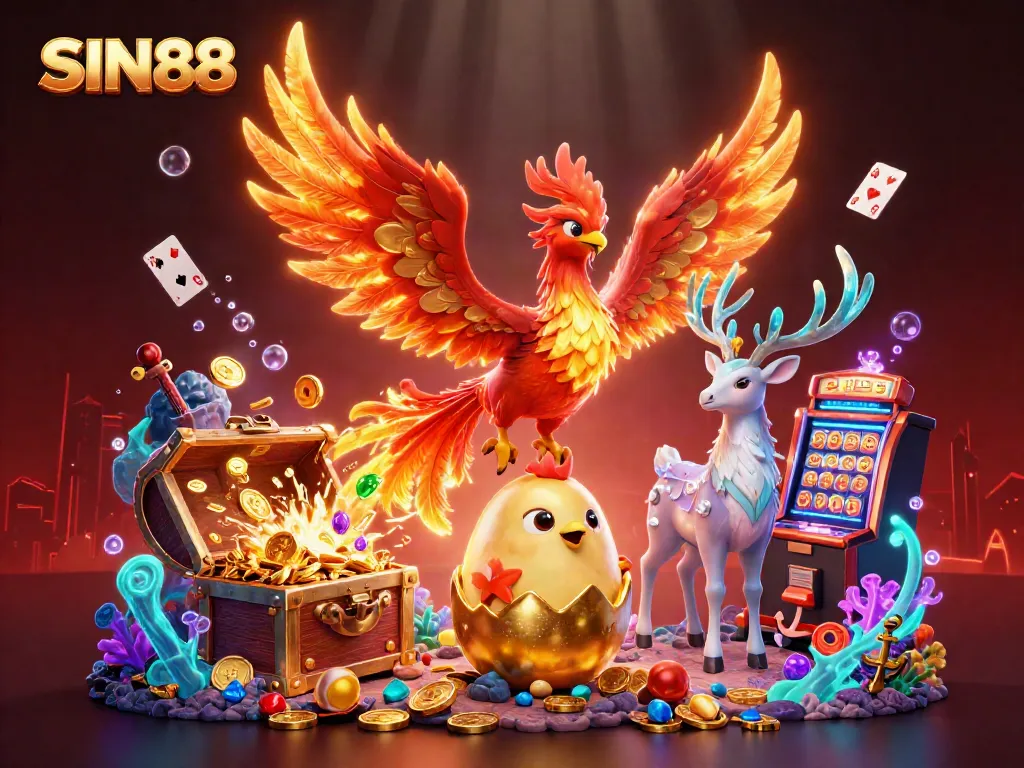 SIN88 showcases a phoenix and stag in a vibrant casino world of slots and underwater treasures.