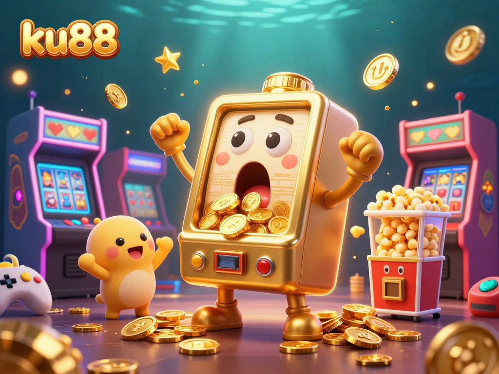 ku88 slots and golden machines celebrate jackpot wins in a vibrant casino illustration.