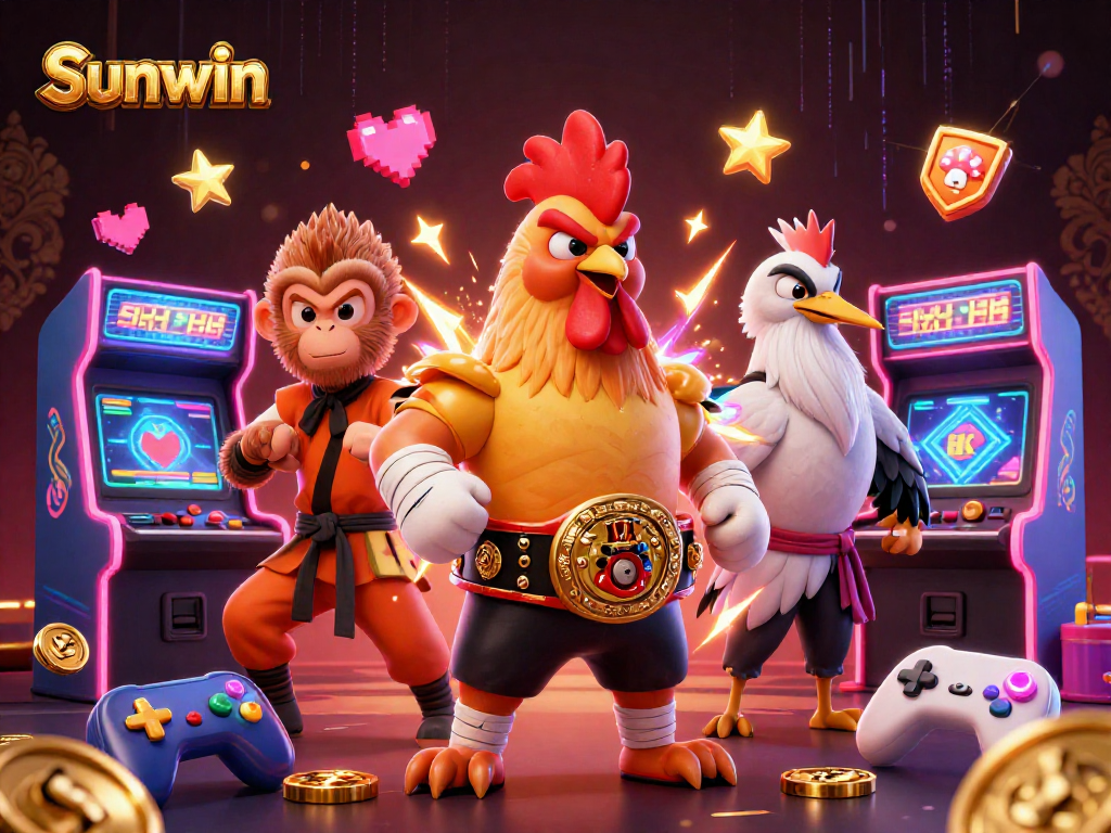 Experience the excitement of Sunwin with vibrant characters immersed in dazzling casino game elements.