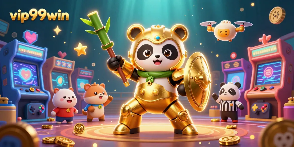 Engage with vip99win's thrilling gaming world in an ultra-detailed illustration of a mech-suit golden panda battles.