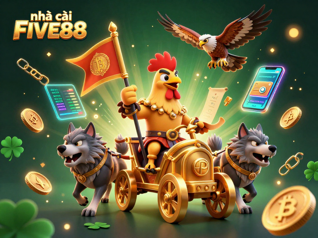 Join the excitement at nhà cái FIVE88, featuring vibrant characters and crypto elements.