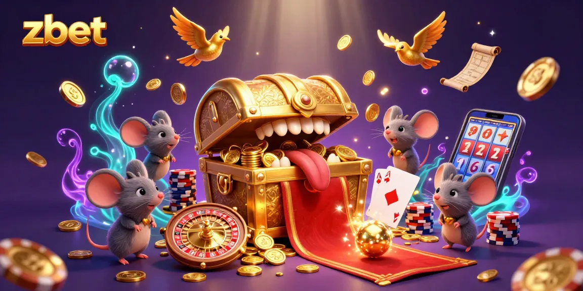 Experience the excitement of zbet with a mesmerizing 3D illustration showcasing a treasure chest and casino elements.