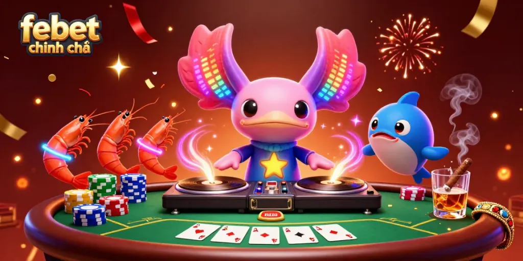 Experience the thrill of febet chính chủ with this vibrant underwater casino scene featuring a DJ and lively characters.