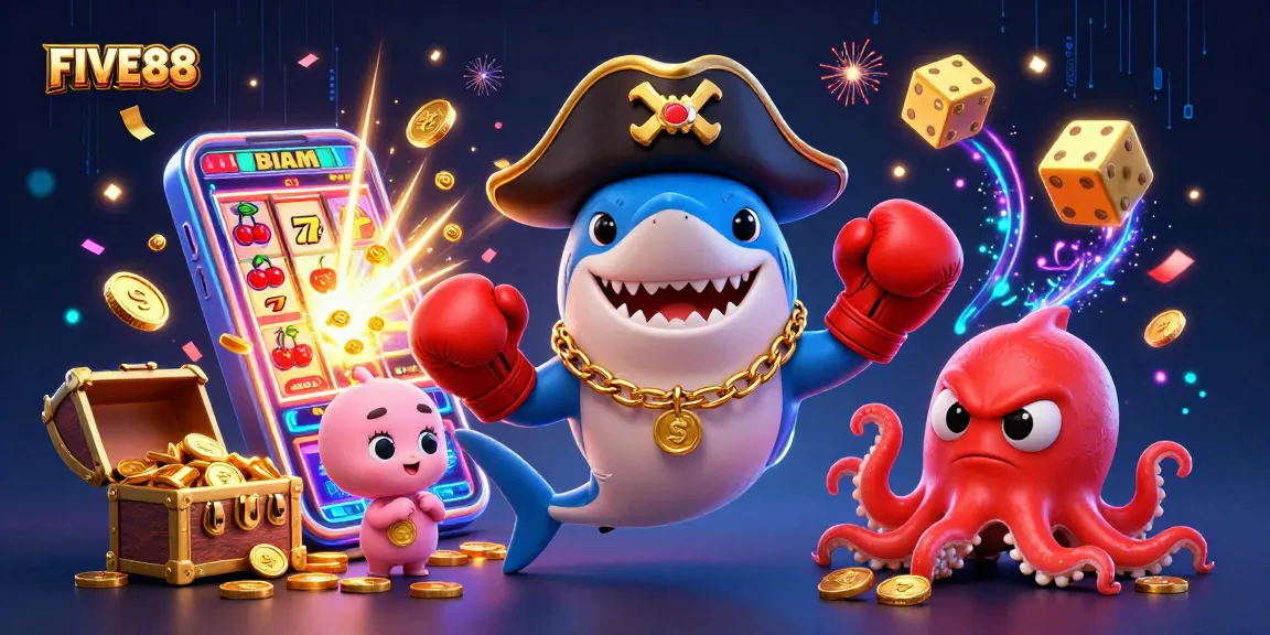 Engage with FIVE88's vibrant 3D casino scene featuring characters and jackpot elements.