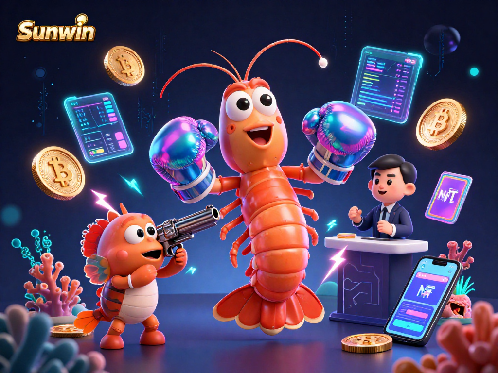 Experience the excitement of Sunwin as vibrant characters engage with digital gambling elements in a thrilling casino scene.