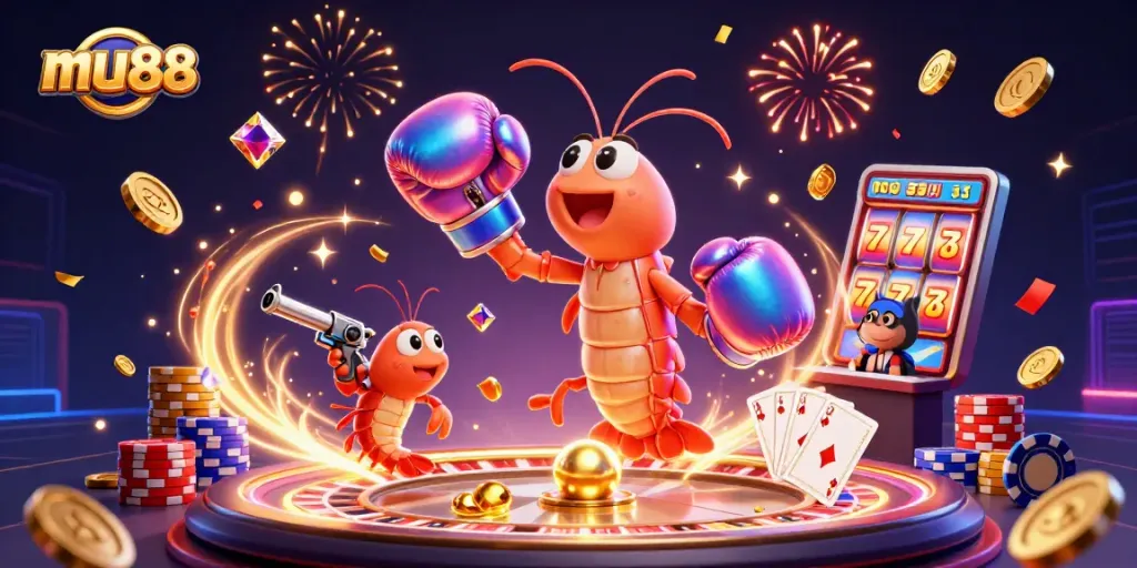 Join the mu88 casino fun with vibrant gaming scenes featuring dynamic shrimp characters and rich casino elements.