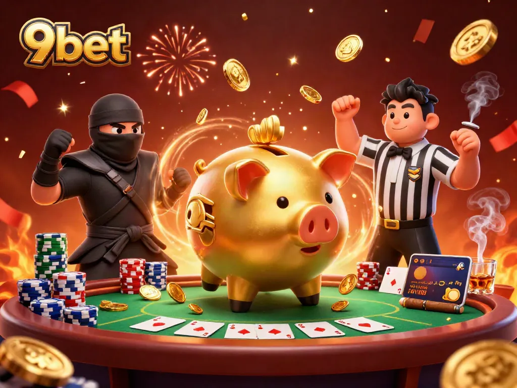 Engage in thrilling poker with 9bet, featuring a dynamic scene of colorful chips and competitive characters.