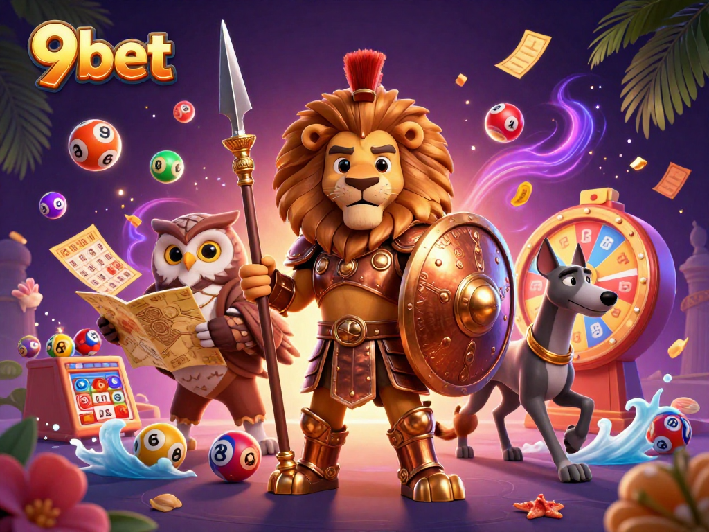 Engage with thrilling 9bet action featuring a Spartan lion and lottery elements.