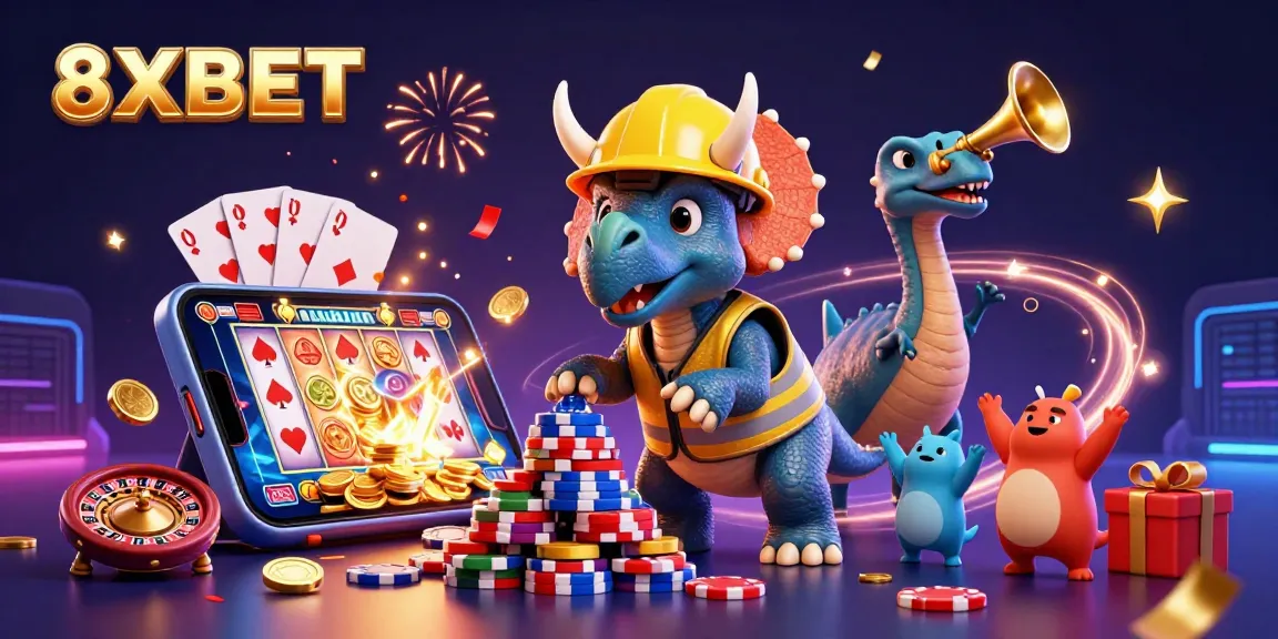 Experience 8XBET's thrilling gaming atmosphere with a dynamic 3D illustration of playful characters and casino elements.