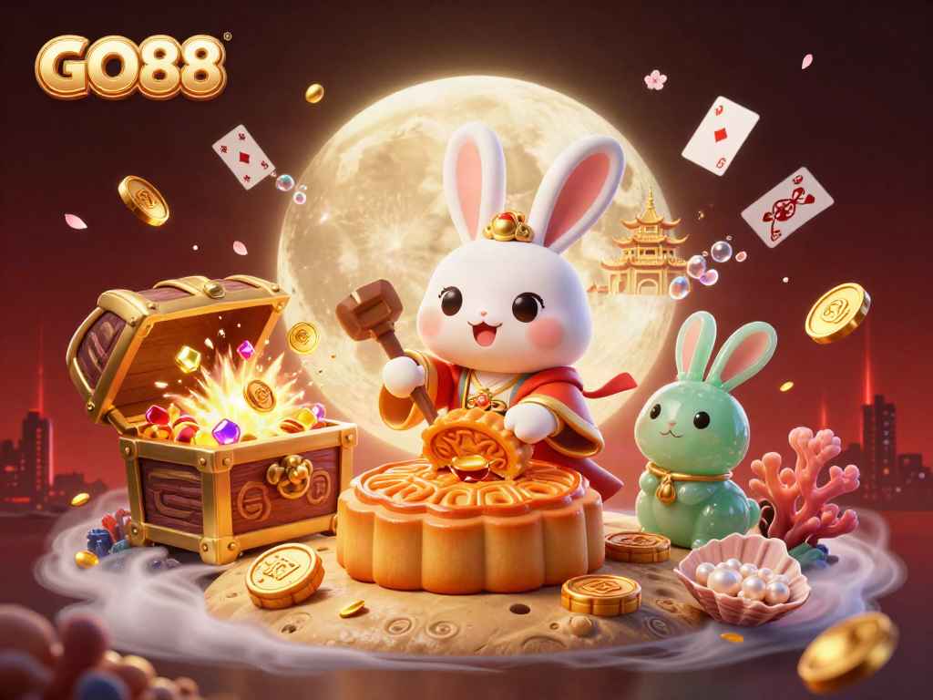 Immerse yourself in GO88's vibrant 3D casino adventure with playful moon rabbits and treasure-filled backgrounds.