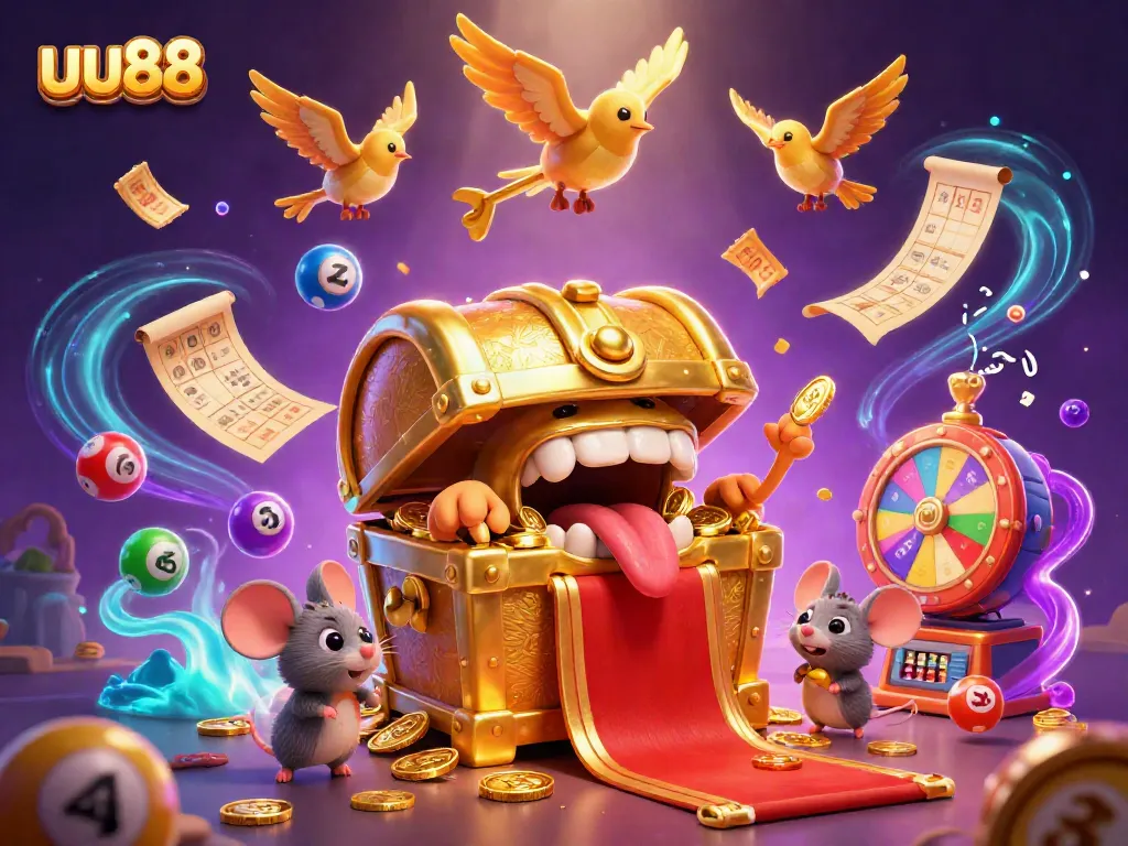 uu88 engages players with a vibrant illustration of a treasure chest lure in a lively casino scene.