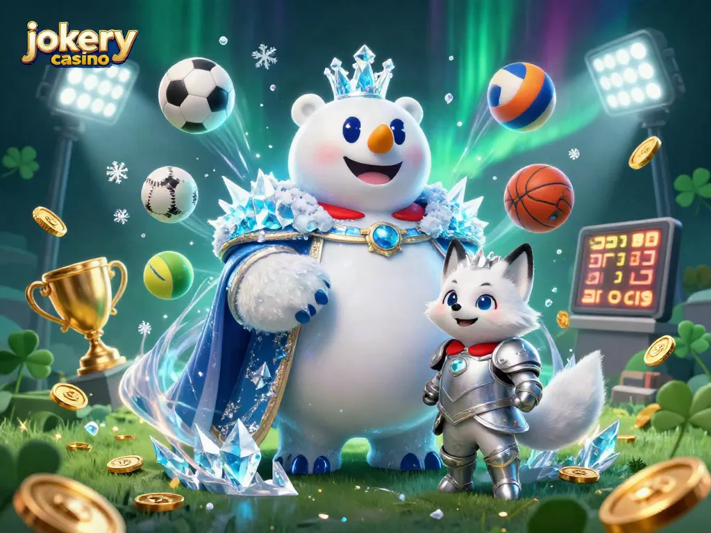 Spin wins at Jokery Casino with fun characters alongside dynamic sports elements and cold, magical themes.